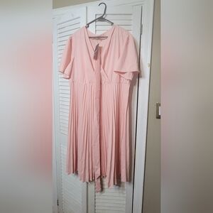 Pink Women's Short Sleeve Pleated A Line Midi Dress 3xl